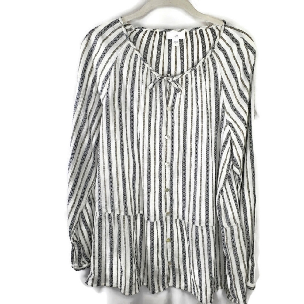 J Jill Peasant Boho Top White Striped  Long Sleeve Oversized Blouse Small